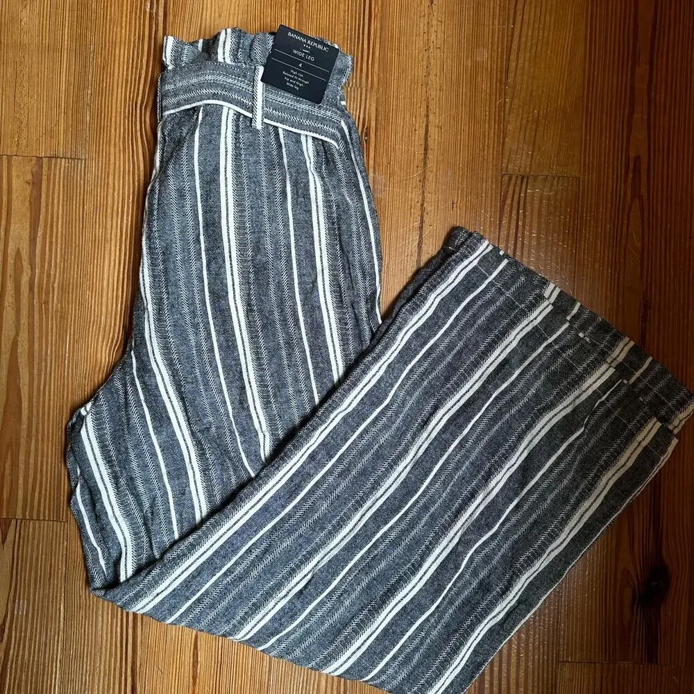 NWT Banana Republic gray white stripe high‎ rise wide leg linen pants SIZE 4